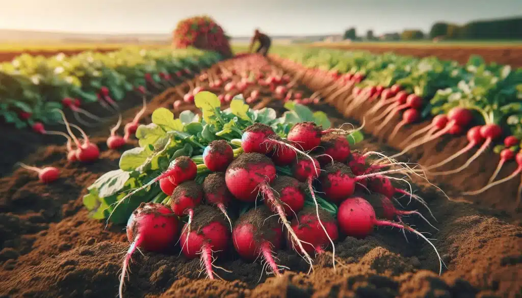 DALL·E 2024 05 30 10.13.56 Freshly harvested radishes in the field with radish roots being dug out of the soil. The roots are small round and vibrant red covered in earth a