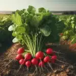 DALL·E 2024 05 30 10.14.59   Radish plants in the field with freshly harvested radishes placed next to them. The plants are green and leafy, while the harvested radish roots are s