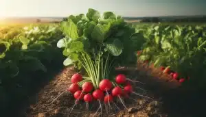 DALL·E 2024 05 30 10.14.59   Radish plants in the field with freshly harvested radishes placed next to them. The plants are green and leafy, while the harvested radish roots are s