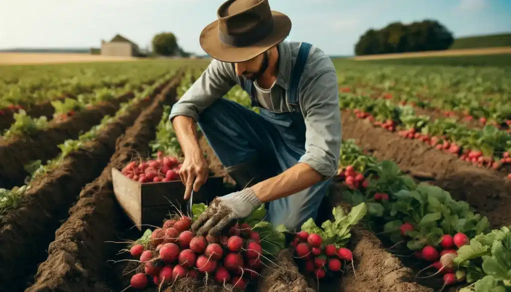 DALL·E 2024 05 30 10.19.32 A farmer harvesting mature radishes in the field. The farmer is wearing work clothes and a hat using tools and their hands to dig up the small round