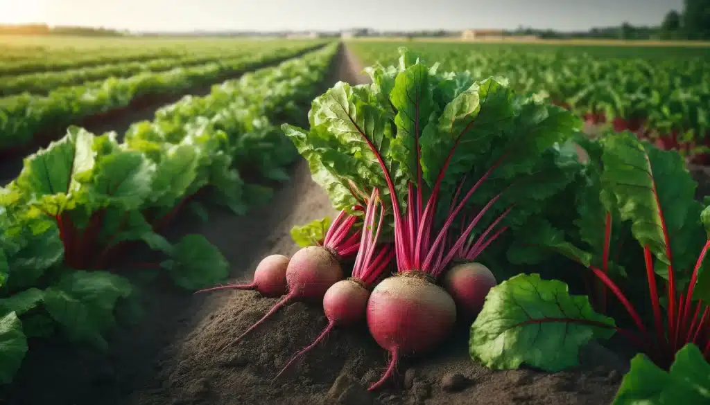 DALL·E 2024 05 30 10.23.19 Beet plants in the field with freshly harvested beets placed next to them. The plants are green and leafy while the harvested beet roots are large r