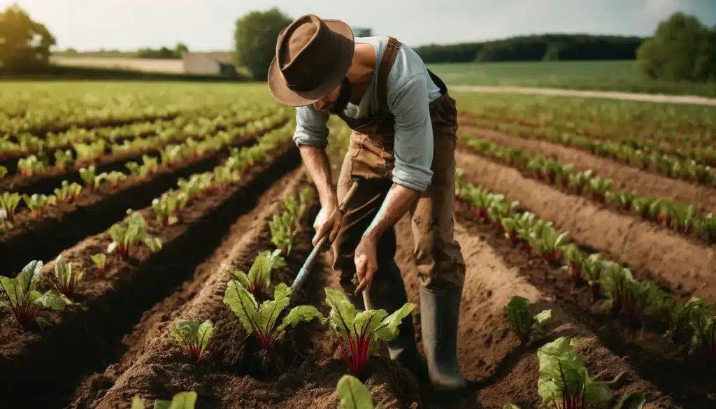 DALL·E 2024 05 30 10.25.43 A farmer planting young beet plants in the field. The farmer is wearing work clothes and a hat using tools and their hands to plant the young plants