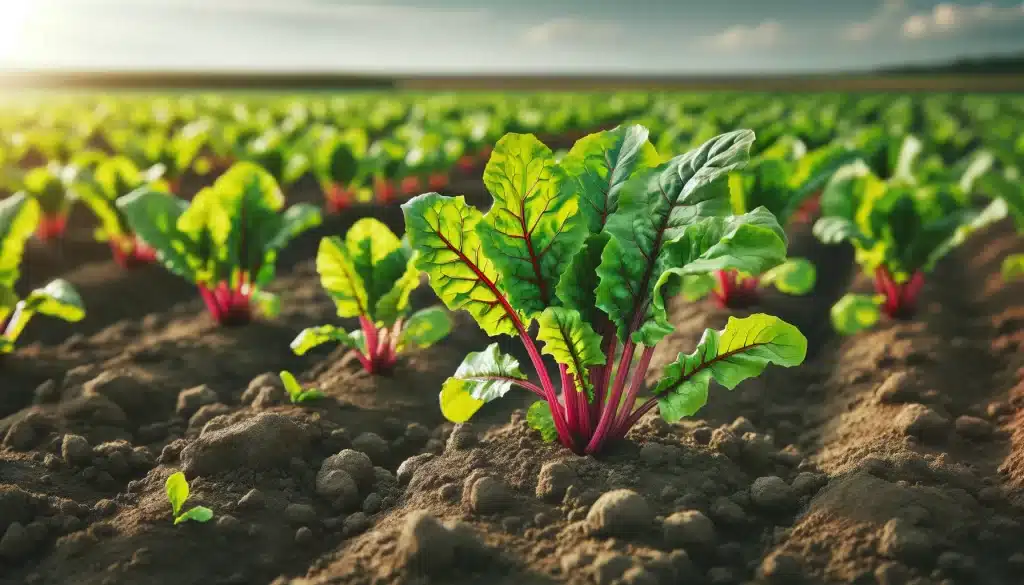 DALL·E 2024 05 30 10.27.29 Young beet plants in the vegetative growth stage in the field. The plants have vibrant green leaves and are growing steadily in rows. The soil is rich