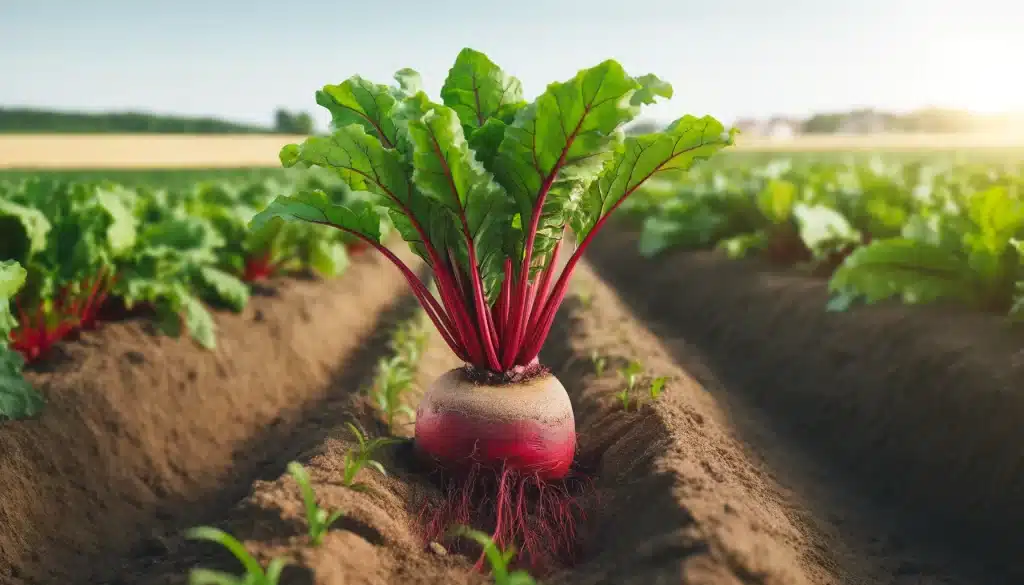 DALL·E 2024 05 30 10.28.44 Beet plant in the field showing the maturation of its root. The plant has green leaves above ground while the root below ground is large round and