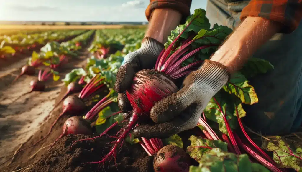 DALL·E 2024 05 30 10.30.12 Close up of a farmers hands harvesting mature beets in the field. The hands are wearing work gloves pulling large round vibrant red beet roots fro