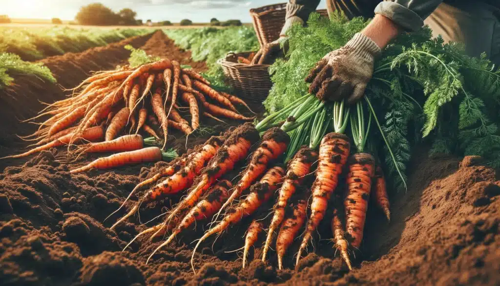 DALL·E 2024 05 30 10.32.34 Freshly harvested carrots in the field with carrot roots being dug out of the soil. The roots are long orange and covered in earth laying in piles