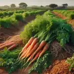 DALL·E 2024 05 30 10.34.05   Carrot plants in the field with freshly harvested carrots placed next to them. The plants are green and leafy, while the harvested carrot roots are lo