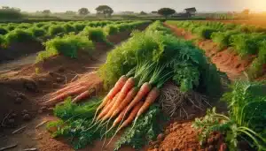 DALL·E 2024 05 30 10.34.05   Carrot plants in the field with freshly harvested carrots placed next to them. The plants are green and leafy, while the harvested carrot roots are lo