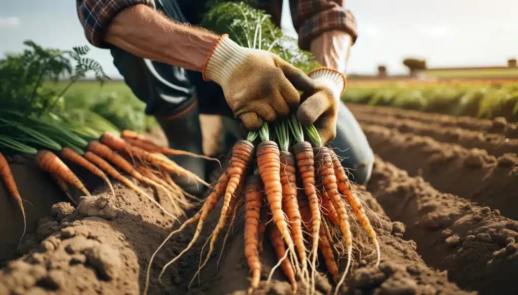 DALL·E 2024 05 30 11.19.30 Close up of a farmers hands harvesting carrots in the field. The hands are wearing work gloves pulling long orange carrot roots from the soil. The