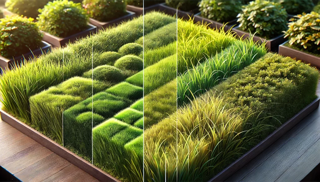 DALL·E 2024 08 13 16.39.07 A realistic comparison of different types of grass displayed side by side in a garden setting. The image features four sections, each representing a d