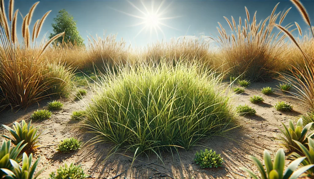 DALL·E 2024 08 13 16.40.06 A realistic scene of grass thriving in a warm climate. The grass is slightly yellowish green, with a coarse texture and a mix of short and medium leng