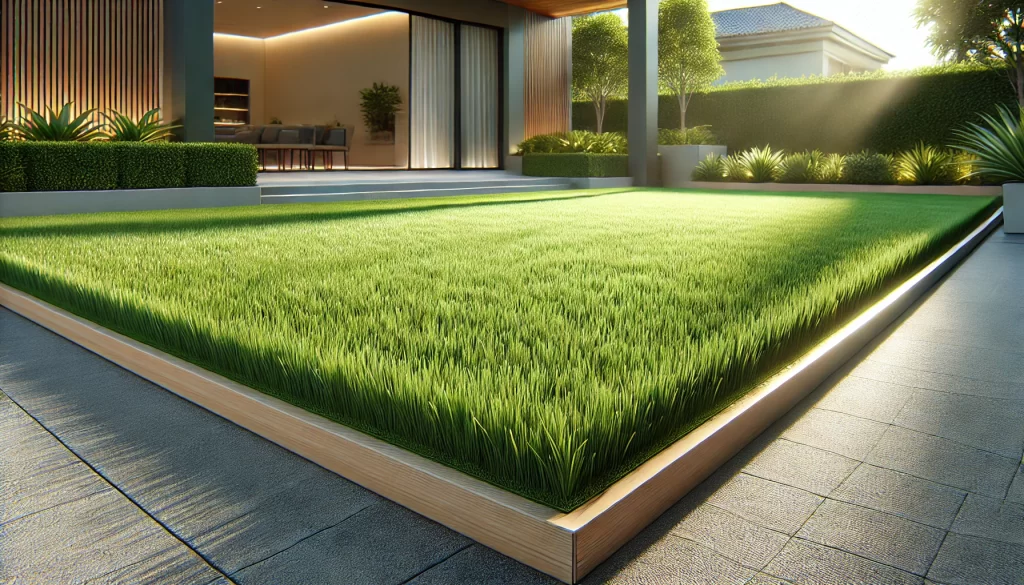 DALL·E 2024 08 13 16.41.57 A realistic depiction of artificial grass in a garden setting. The artificial grass has a vibrant, uniform green color with evenly cut blades that are