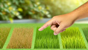 DALL·E 2024 08 13 16.42.57 A realistic image showing a hand selecting a type of grass from a comparison of several different grass types. The scene includes a side by side compa