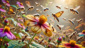 DALL·E 2024 08 13 16.44.17 A realistic close up scene showing multiple pollinator insects near a vibrant flower. The flower is in full bloom with bright petals, and surrounding