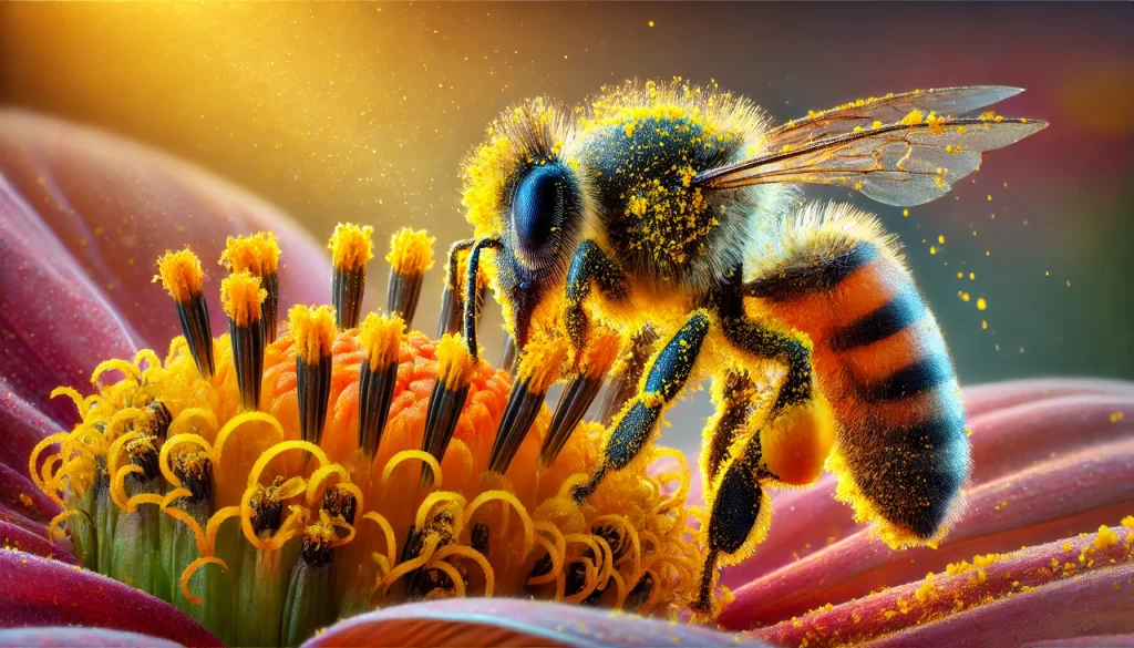 DALL·E 2024 08 13 16.45.16 A detailed close up image of a bee pollinating a plant. The bee is covered in pollen, with small yellow particles clinging to its fuzzy body, legs, an