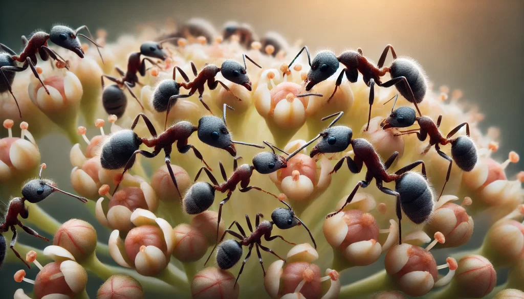 DALL·E 2024 08 13 16.49.50 A close up, detailed image of ants from the Formicidae family actively engaging in pollination. The ants are seen crawling over a cluster of small flo