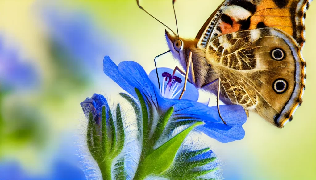 DALL·E 2024 08 13 16.51.04 A close up, detailed image of a butterfly feeding on a blue flower. The butterfly has its wings spread wide, showcasing intricate patterns and vibrant