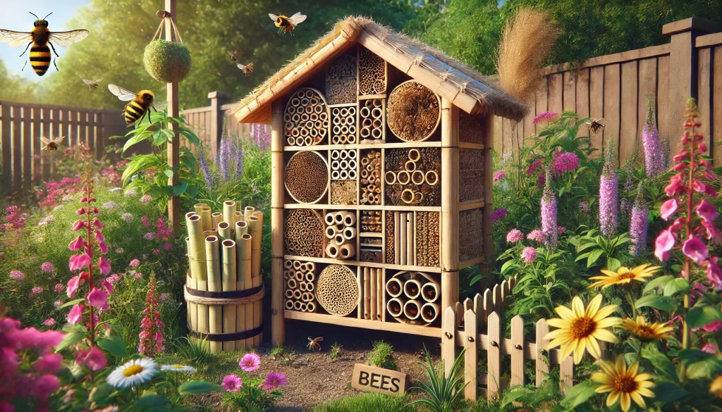 DALL·E 2024 08 13 16.51.52 A realistic image of an insect hotel designed specifically for bees. The hotel is made of natural materials like wood, bamboo tubes, and straw, with v