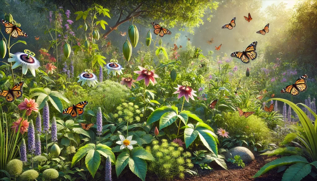 DALL·E 2024 08 13 16.52.48 A realistic image of a garden with various host plants specifically chosen for butterflies. The garden features a diverse selection of plants with lus