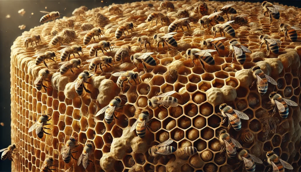 DALL·E 2024 08 13 17.06.34 A highly detailed and realistic image of a beehive. The hive is composed of hexagonal honeycomb cells, filled with honey and larvae, with bees activel