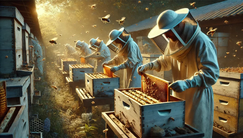 DALL·E 2024 08 13 17.07.18 A realistic image of beekeepers managing beehives in an apiary. The scene shows beekeepers in protective clothing, including veils and gloves, careful