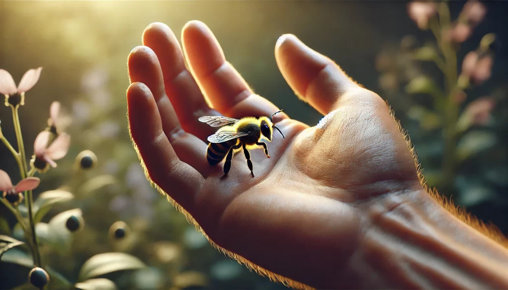 DALL·E 2024 08 13 17.07.59 A realistic close up image of a human hand gently holding a bee. The hand is open and relaxed, with the bee calmly resting on the palm or fingers. The