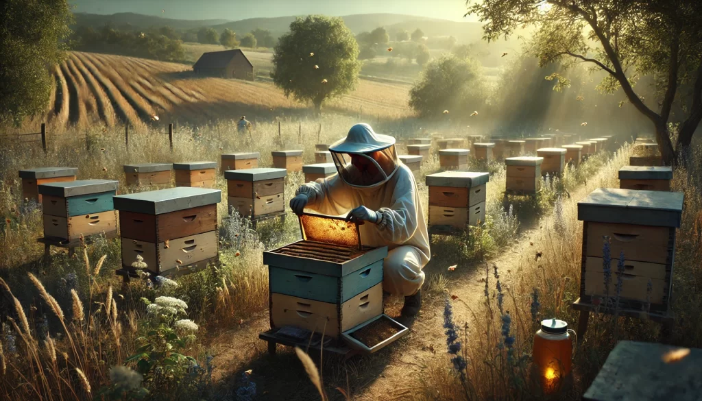 DALL·E 2024 08 13 17.09.35 A realistic image of an apiarist or beekeeper working in a rural agricultural setting. The beekeeper is dressed in protective clothing, including a ve