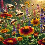 DALL·E 2024 08 13 17.10.32 A realistic image of bees actively pollinating plants in a vibrant garden. The scene shows several bees hovering around and landing on a variety of fl