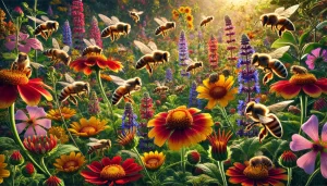 DALL·E 2024 08 13 17.10.32 A realistic image of bees actively pollinating plants in a vibrant garden. The scene shows several bees hovering around and landing on a variety of fl