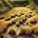 DALL·E 2024 08 13 17.18.25 A realistic image of a lawn in a garden with damaged and dry grass. The grass is uneven, with patches of yellow and brown where the grass is either de