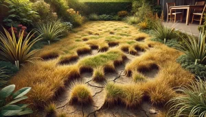 DALL·E 2024 08 13 17.18.25 A realistic image of a lawn in a garden with damaged and dry grass. The grass is uneven, with patches of yellow and brown where the grass is either de