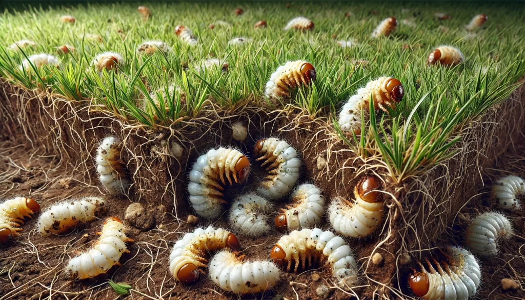 DALL·E 2024 08 13 17.19.57 A detailed and realistic image of white grubs (larvae of beetles) in a lawn. The scene shows the damaged grass with patches of dead and discolored tur