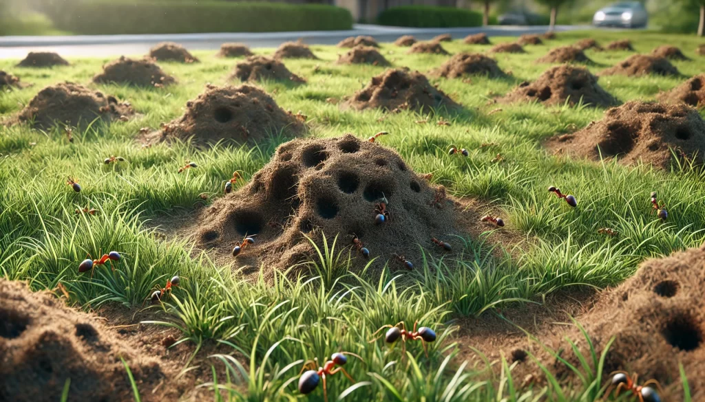 DALL·E 2024 08 13 17.21.48 A realistic image of a lawn being damaged by ants. The scene shows small mounds of disturbed soil scattered across the grass, where ants have built th