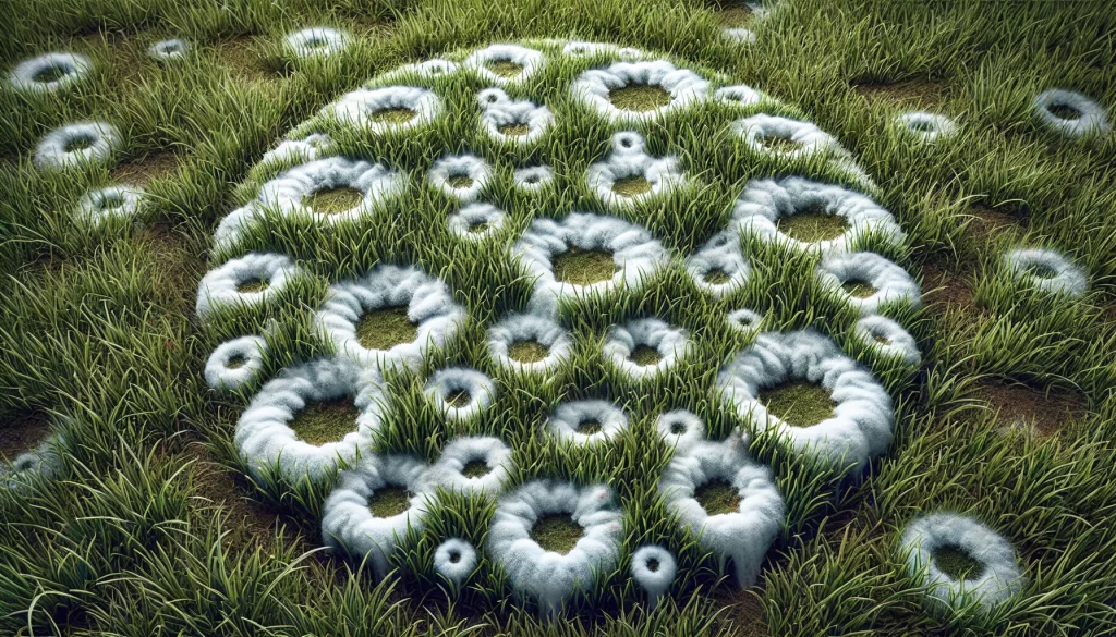 DALL·E 2024 08 13 17.22.43 A realistic image of a lawn affected by snow mold (Typhula spp. and Microdochium nivale). The grass shows circular patches of discolored turf, with  so