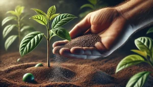 DALL·E 2024 08 14 13.00.34 A highly realistic image of a hand gently releasing granular fertilizer onto the soil around a small avocado plant. The hand is close to the camera, w