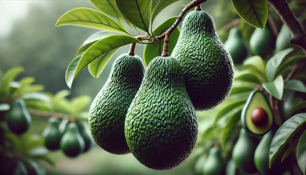 DALL·E 2024 08 14 13.02.08 A highly realistic close up image of an avocado tree with ripe avocados hanging from its branches. The focus is on the fruits, showing their rough, da