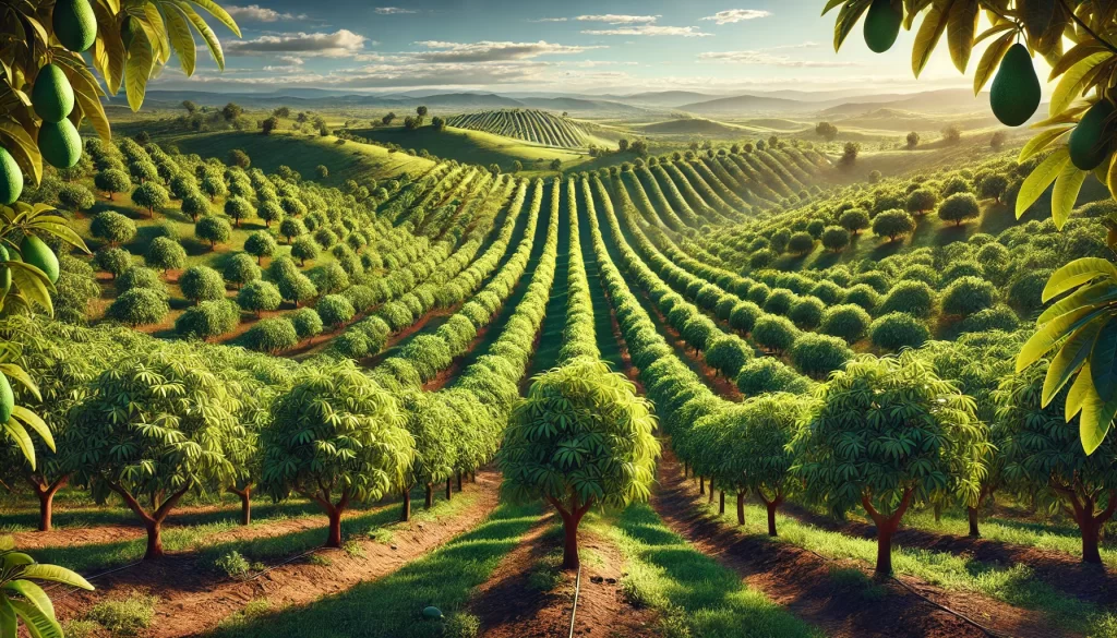 DALL·E 2024 08 14 13.03.22 A highly realistic image of a large avocado orchard in Mexico. The scene showcases rows of mature avocado trees with lush green foliage, stretching ou