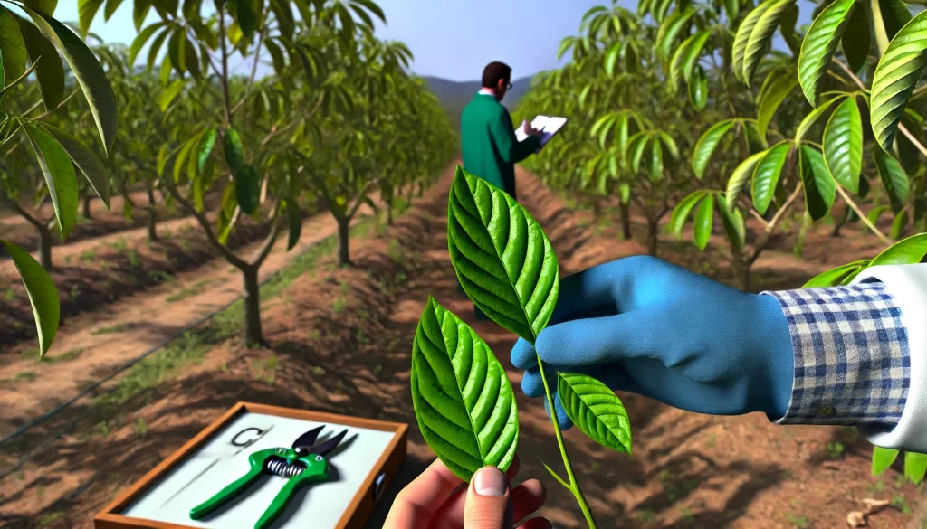 DALL·E 2024 08 14 13.10.46 A highly realistic image depicting a foliar analysis in an avocado orchard. The scene shows a hand holding a few avocado leaves that have been sampled