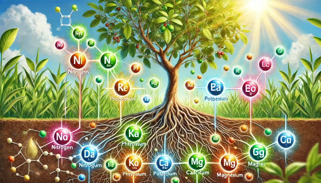 DALL·E 2024 08 14 13.11.53 A detailed illustration showing the chemical elements that act as fertilizers being absorbed by an avocado tree. The image depicts an avocado tree wit