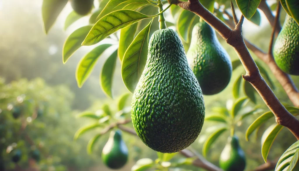 DALL·E 2024 08 14 13.13.55 An ultra realistic close up image of an avocado tree focusing on the ripe fruits hanging from its branches. The avocados are prominently displayed, sh