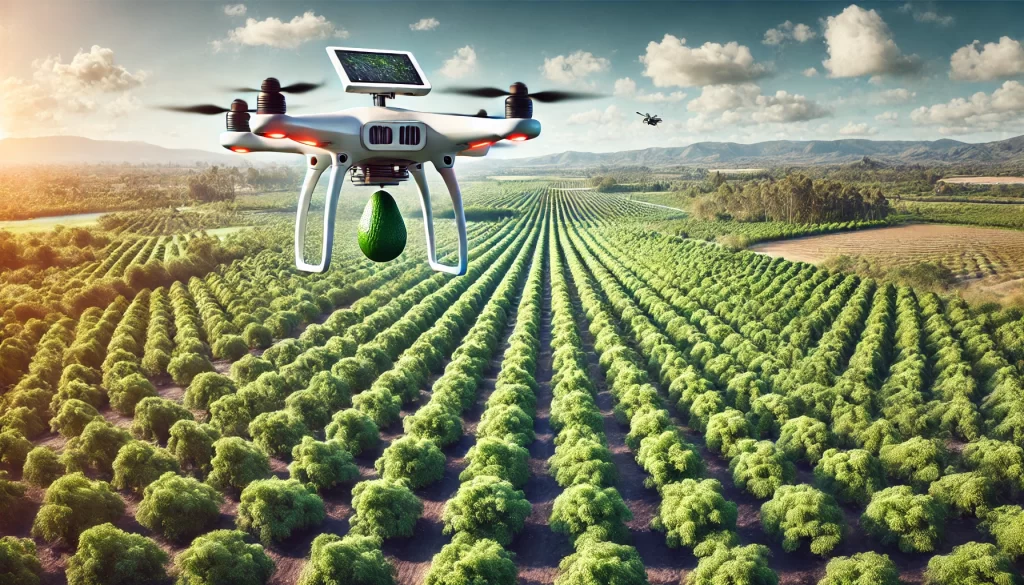 DALL·E 2024 08 14 13.15.25 An ultra realistic image of a drone flying over an avocado orchard. The drone is equipped with cameras and sensors, capturing data from the trees belo