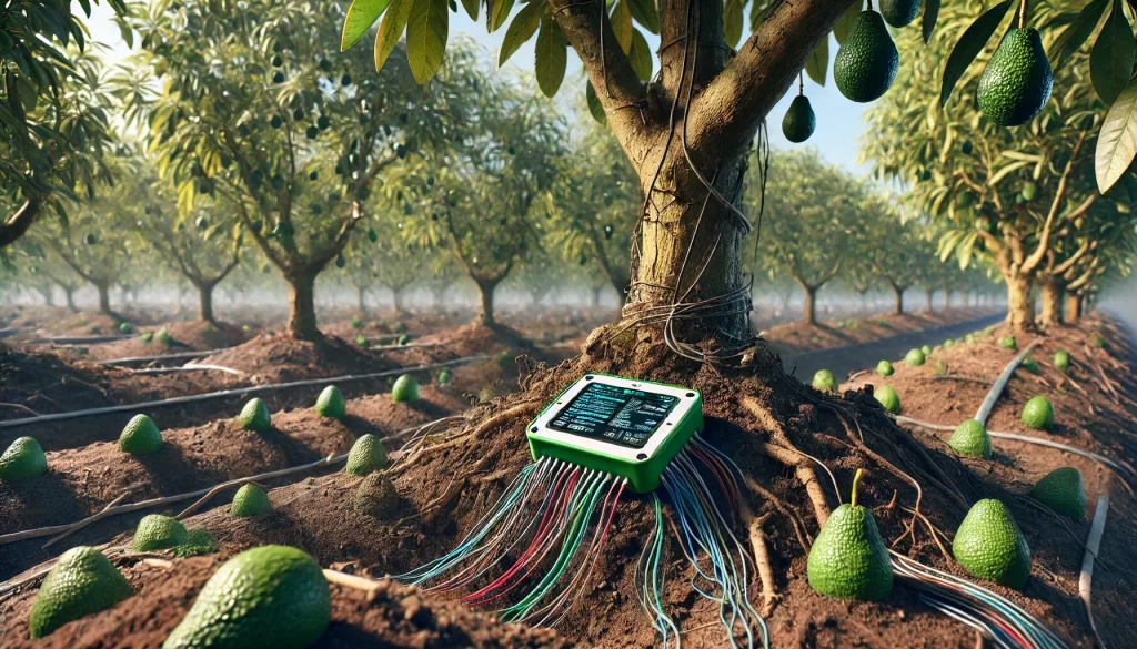 DALL·E 2024 08 14 13.16.19 An ultra realistic image of real time monitoring sensors placed in an avocado orchard. The scene shows a close up of a sensor device installed near th