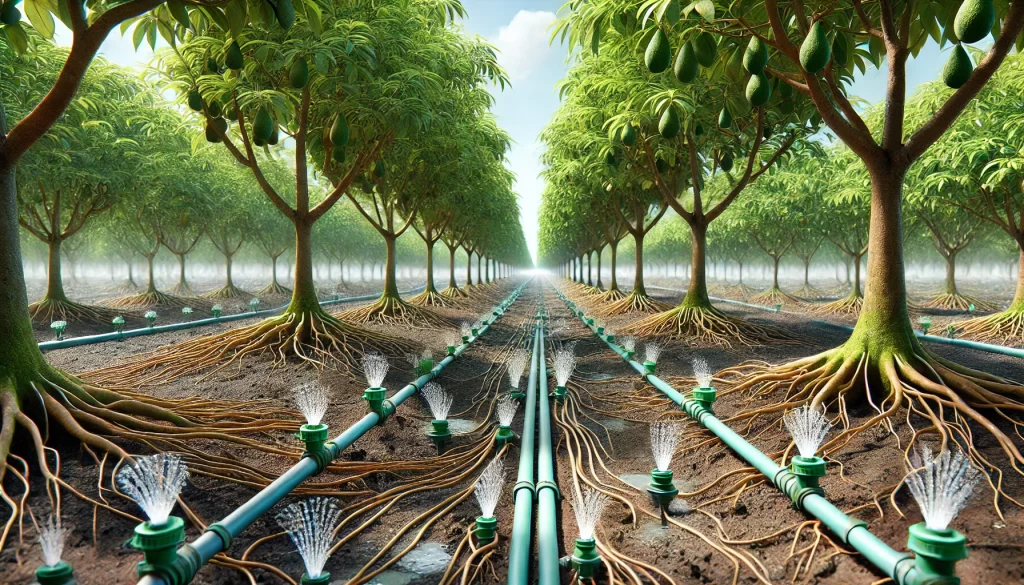 DALL·E 2024 08 14 13.17.11 An ultra realistic image depicting an automated drip irrigation system in an avocado orchard. The scene shows a close up of drip lines running along t