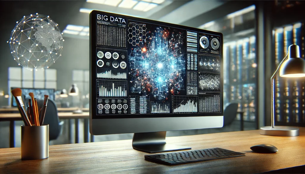 DALL·E 2024 08 14 13.18.30 An ultra realistic image showing a computer screen displaying an illustration of Big Data and Analytics. The screen features complex graphs, data visu