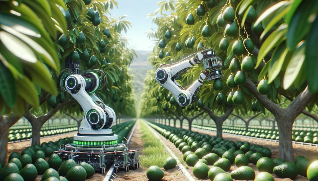 DALL·E 2024 08 14 13.19.27 An ultra realistic image showing robotic harvesters in an avocado orchard. The scene features advanced robots designed for harvesting avocados, with m