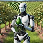 DALL·E 2024 08 14 13.20.39 An ultra realistic image of a humanoid robot in an avocado field. The robot has a sleek, futuristic design with a human like shape, standing among row