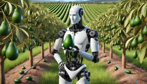 DALL·E 2024 08 14 13.20.39 An ultra realistic image of a humanoid robot in an avocado field. The robot has a sleek, futuristic design with a human like shape, standing among row