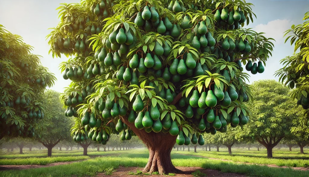 DALL·E 2024 08 14 13.22.35 An ultra realistic image of a mature avocado tree. The tree is full of dark green, textured avocados hanging from its branches. The leaves are lush, v