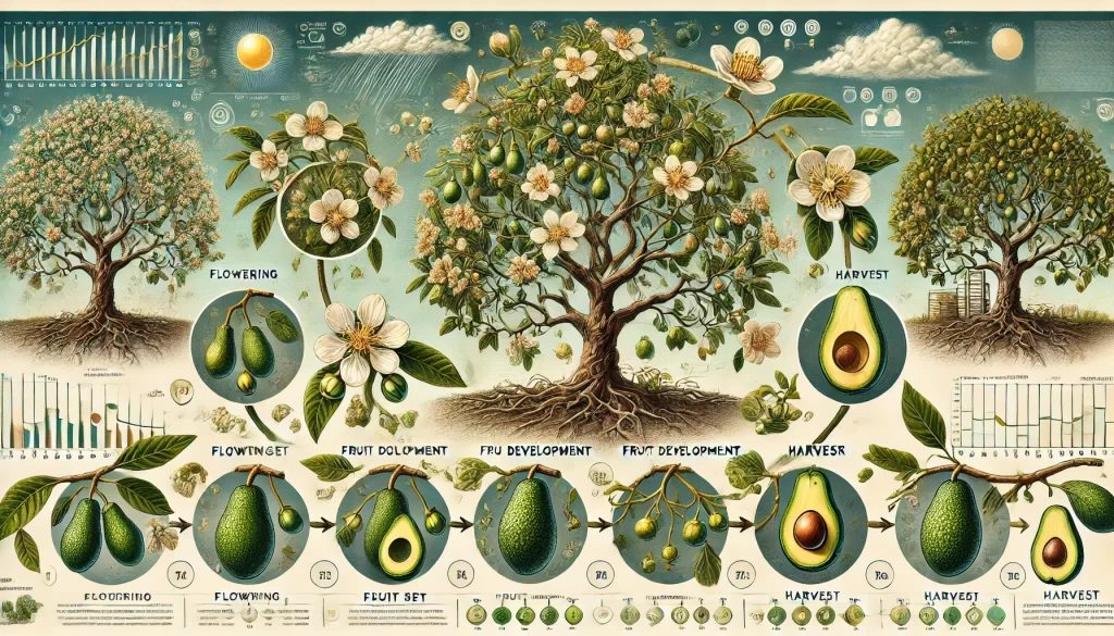 DALL·E 2024 08 14 13.23.41 An informative and detailed illustration showing the production cycles of an avocado tree. The image is divided into stages, starting from flowering,