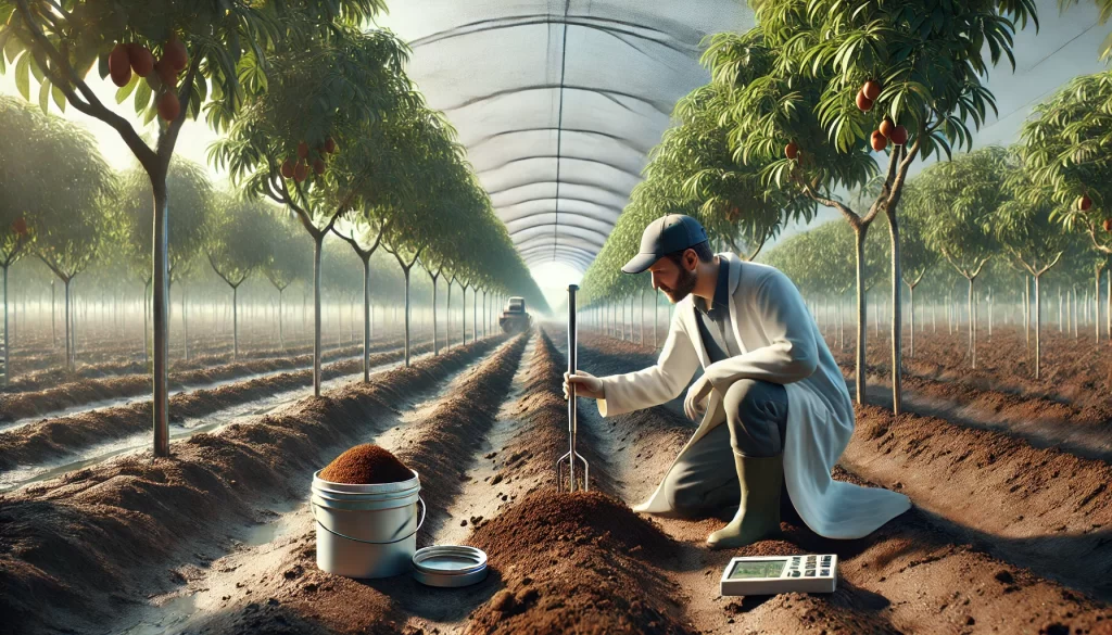 DALL·E 2024 08 14 13.24.23 An ultra realistic image depicting a soil analysis being conducted in an agricultural setting. The scene shows a scientist or agronomist kneeling in a